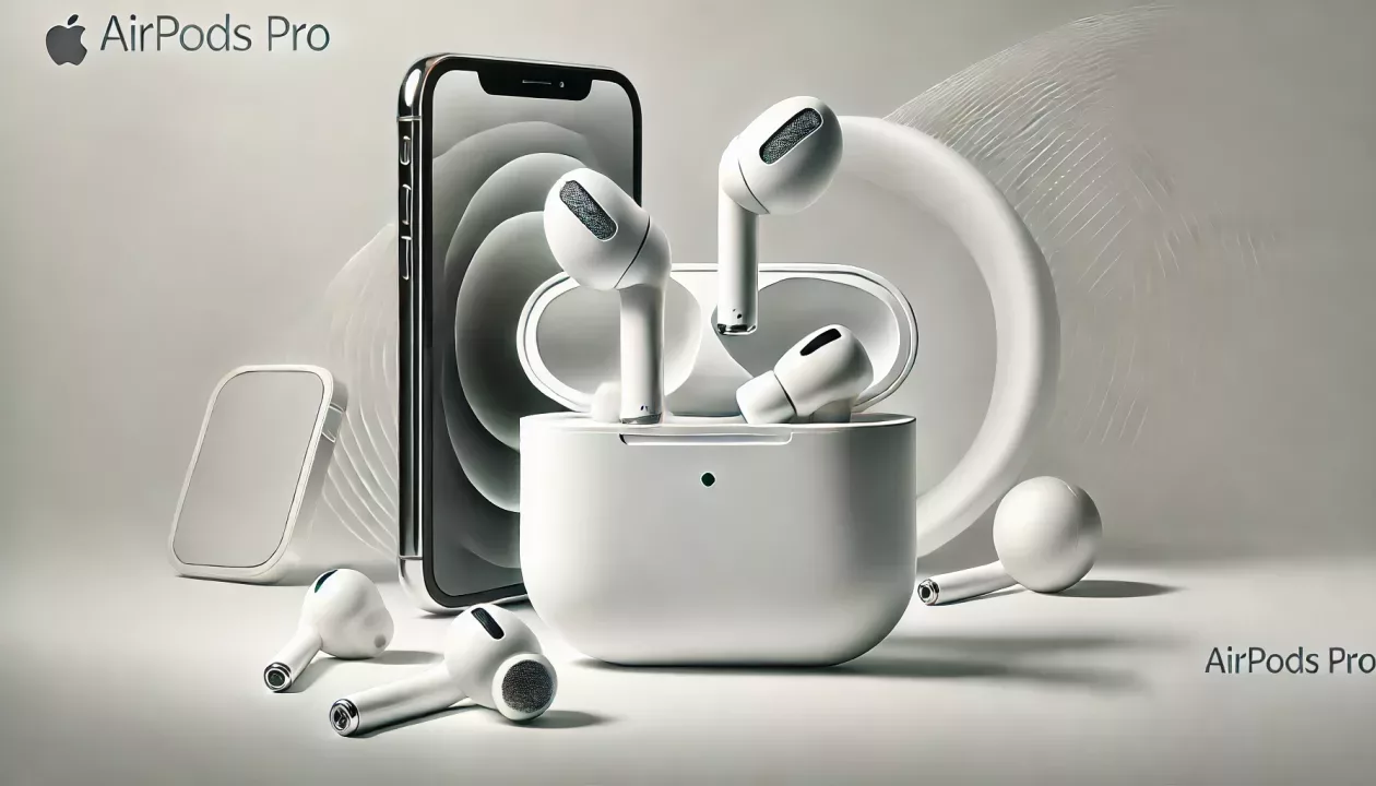 Ilustração digital dos AirPods Pro emergindo de seu estojo de carregamento, com um iPhone e outros dispositivos Apple sutilmente ao fundo, destacando o cancelamento de ruído e a integração perfeita com o ecossistema Apple.
