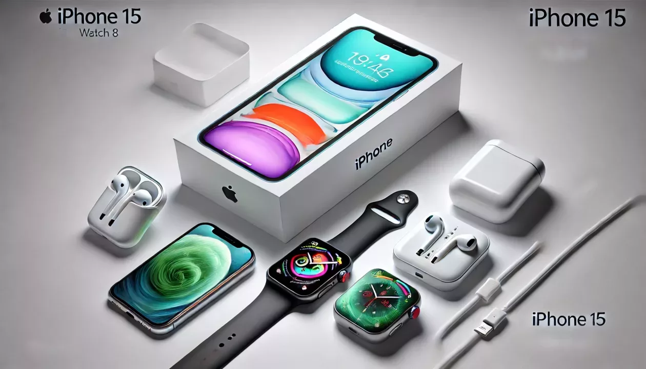 magem de um iPhone 15 moderno com a Dynamic Island em destaque na tela, cercado por acessórios como o Apple Watch 8 e AirPods, em um fundo branco minimalista.