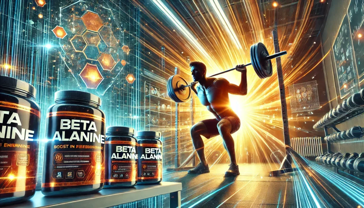 Cena de academia com uma pessoa levantando pesos com intensidade, com frascos de suplemento de beta alanina ao fundo, destacando energia e força.