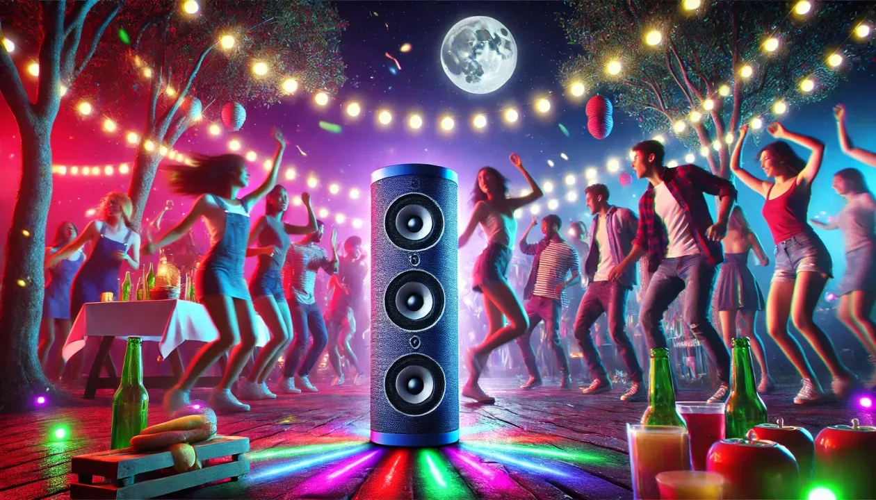 Imagem de uma festa ao ar livre à noite, com jovens dançando e uma grande caixa de som Bluetooth no centro, cercada por luzes LED coloridas, criando uma atmosfera vibrante e animada.