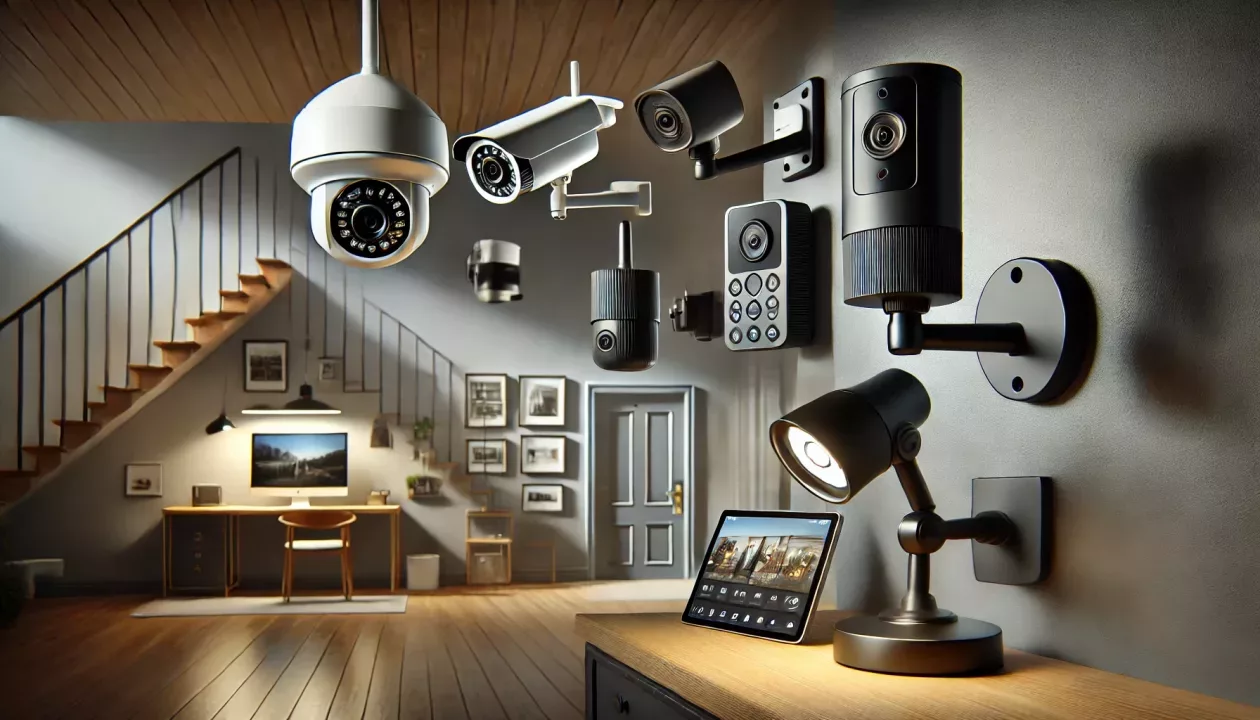 Imagem mostrando diferentes tipos de câmeras de segurança em um ambiente moderno, incluindo uma câmera dome, uma câmera bullet e uma pequena câmera wireless, instaladas em locais estratégicos de uma casa e pequeno negócio.