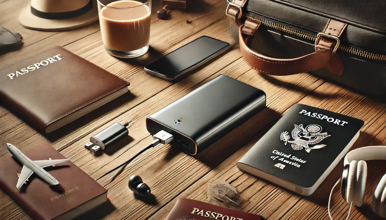 Imagem de um iPhone sendo carregado por um power bank compacto, colocado em uma mesa de madeira, ao lado de objetos de viagem como passaporte e fones de ouvido.