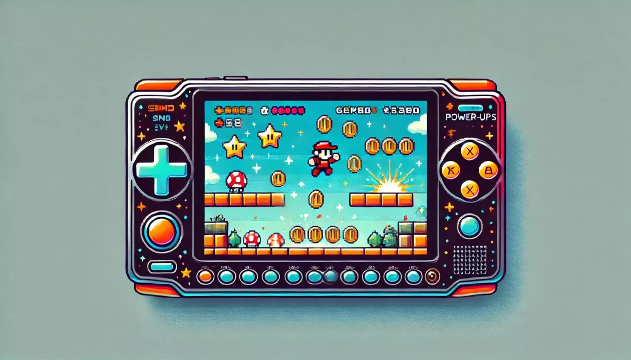 Um console de jogos portátil com um design colorido e moderno, exibindo uma cena de jogo vibrante com um personagem de chapéu vermelho, pulando sobre obstáculos e coletando moedas.