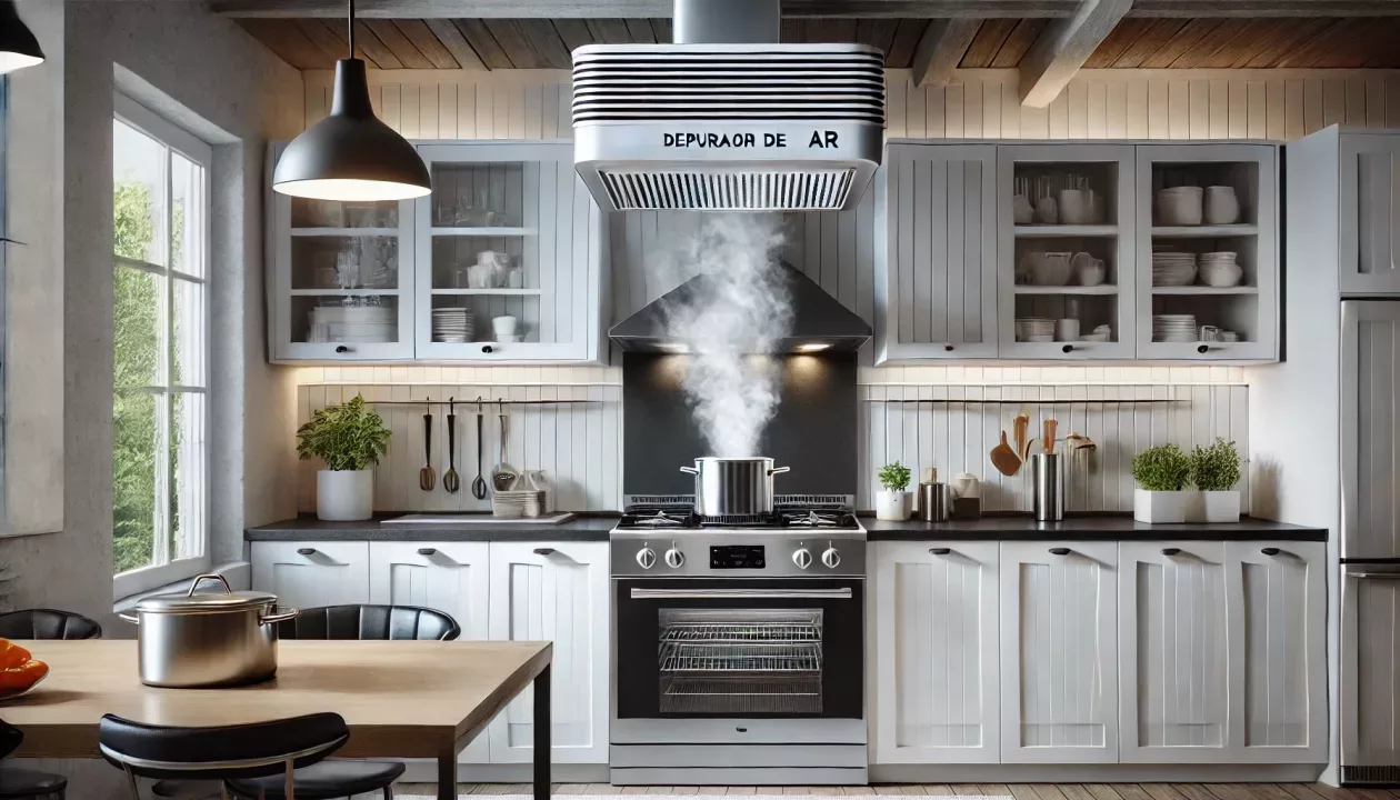 Uma cozinha moderna com um depurador de ar elegante de aço inoxidável instalado acima de um fogão, com vapor saindo de uma panela.