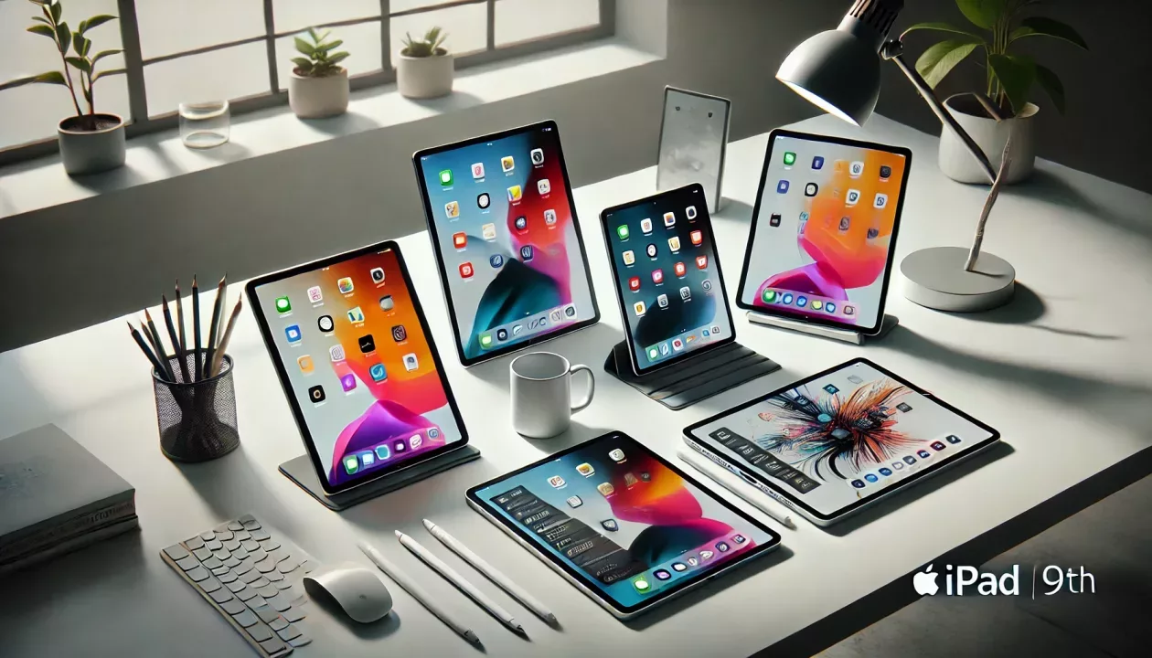 Imagem de diversos modelos de iPads em uma mesa moderna e minimalista, com acessórios como Apple Pencil e teclado.