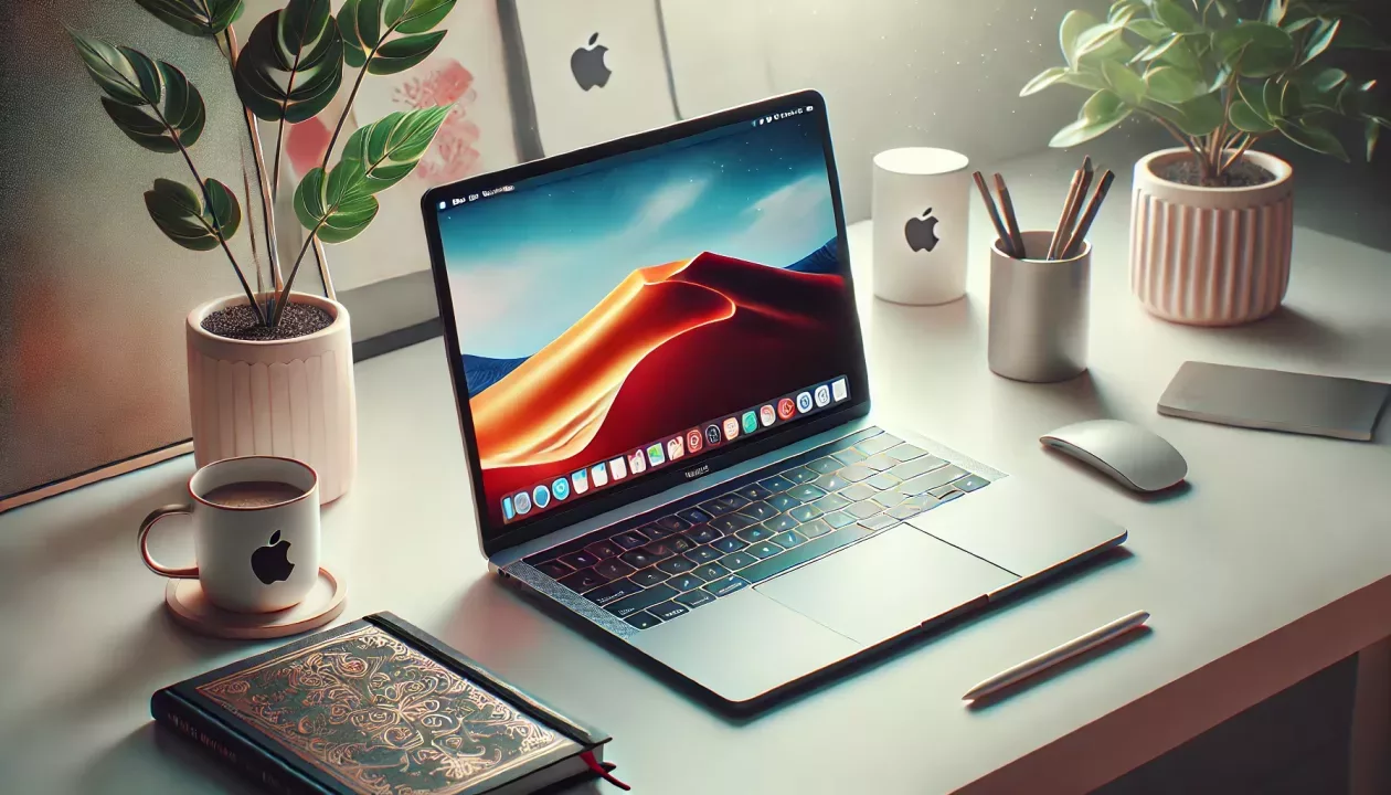MacBook em uma mesa de trabalho minimalista com acessórios elegantes e luz natural suave.