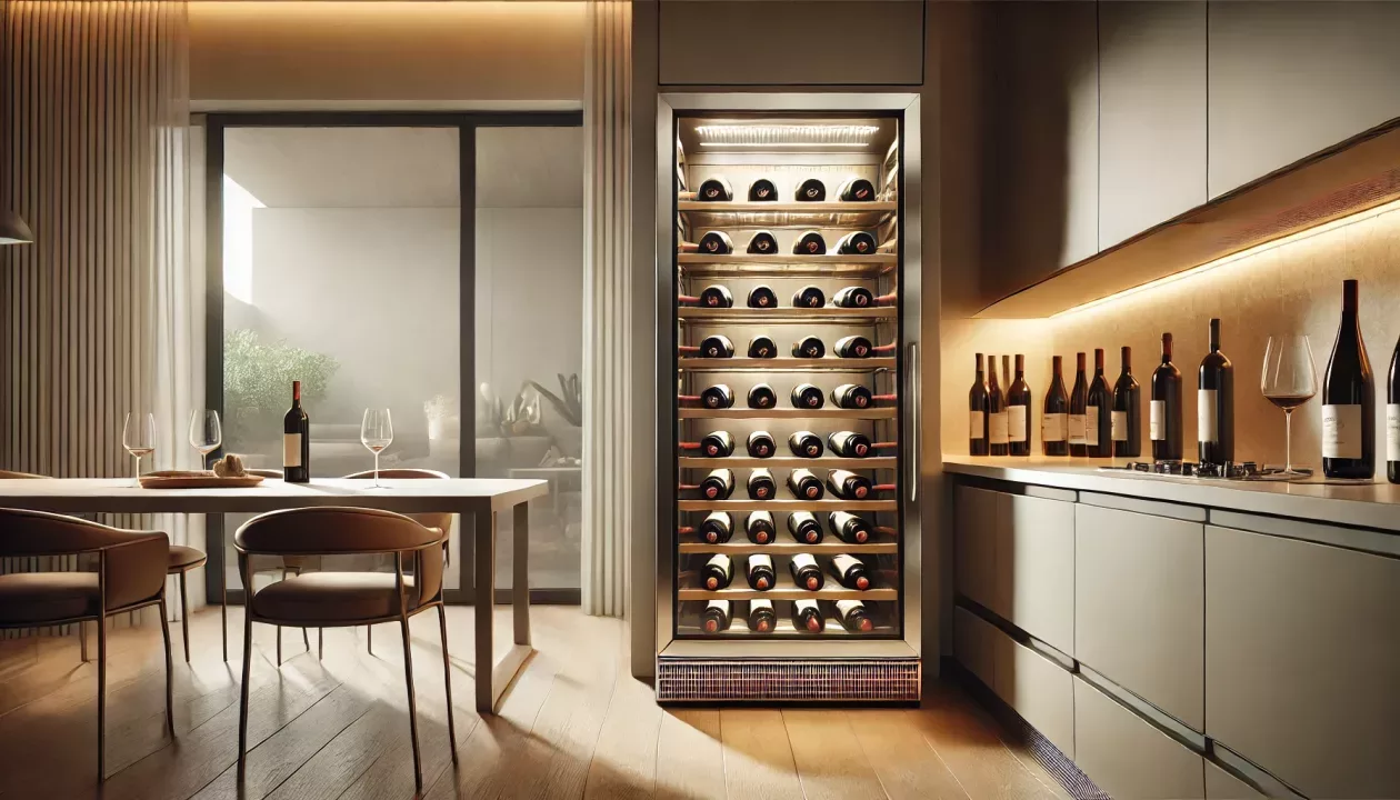 Adega climatizada moderna com porta de vidro e garrafas de vinho organizadas, em uma cozinha contemporânea com decoração minimalista.
