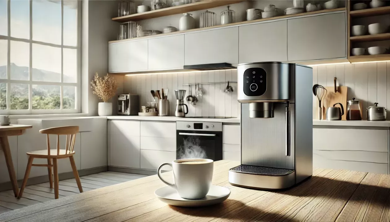 Cozinha moderna com uma cafeteira sobre o balcão e uma xícara de café com vapor saindo na mesa.