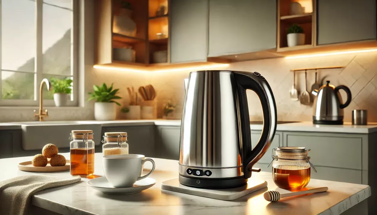 Chaleira elétrica de aço inoxidável em uma cozinha moderna e elegante, com uma xícara de chá fumegante e detalhes acolhedores ao redor.