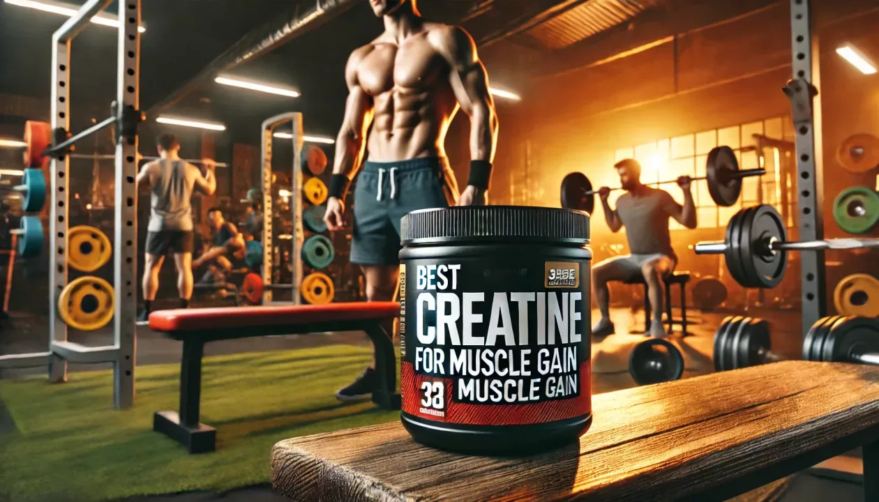 Imagem de um pote de creatina destacado em um banco de academia, com equipamentos de musculação ao fundo e pessoas se exercitando.