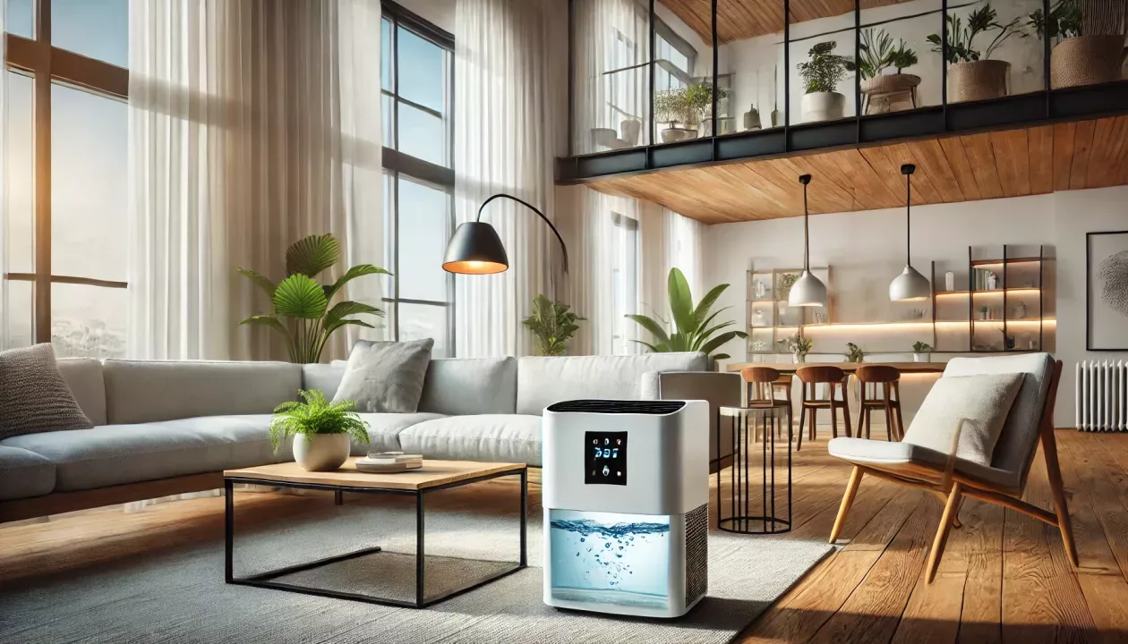 Imagem de uma sala de estar moderna e minimalista com um desumidificador compacto em destaque, operando no centro do ambiente iluminado.
