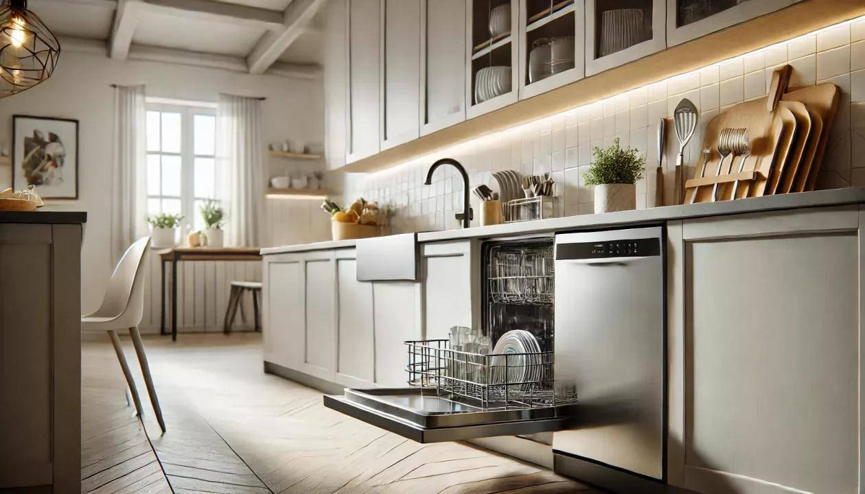 Imagem de uma cozinha moderna com uma lava-louças integrada ao armário, destacando um design elegante e minimalista.