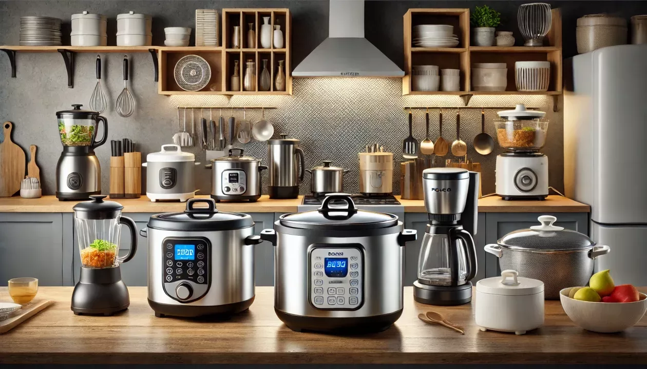 Imagem de uma cozinha moderna com diversos eletrodomésticos, incluindo panelas elétricas e um liquidificador, em um balcão bem organizado.