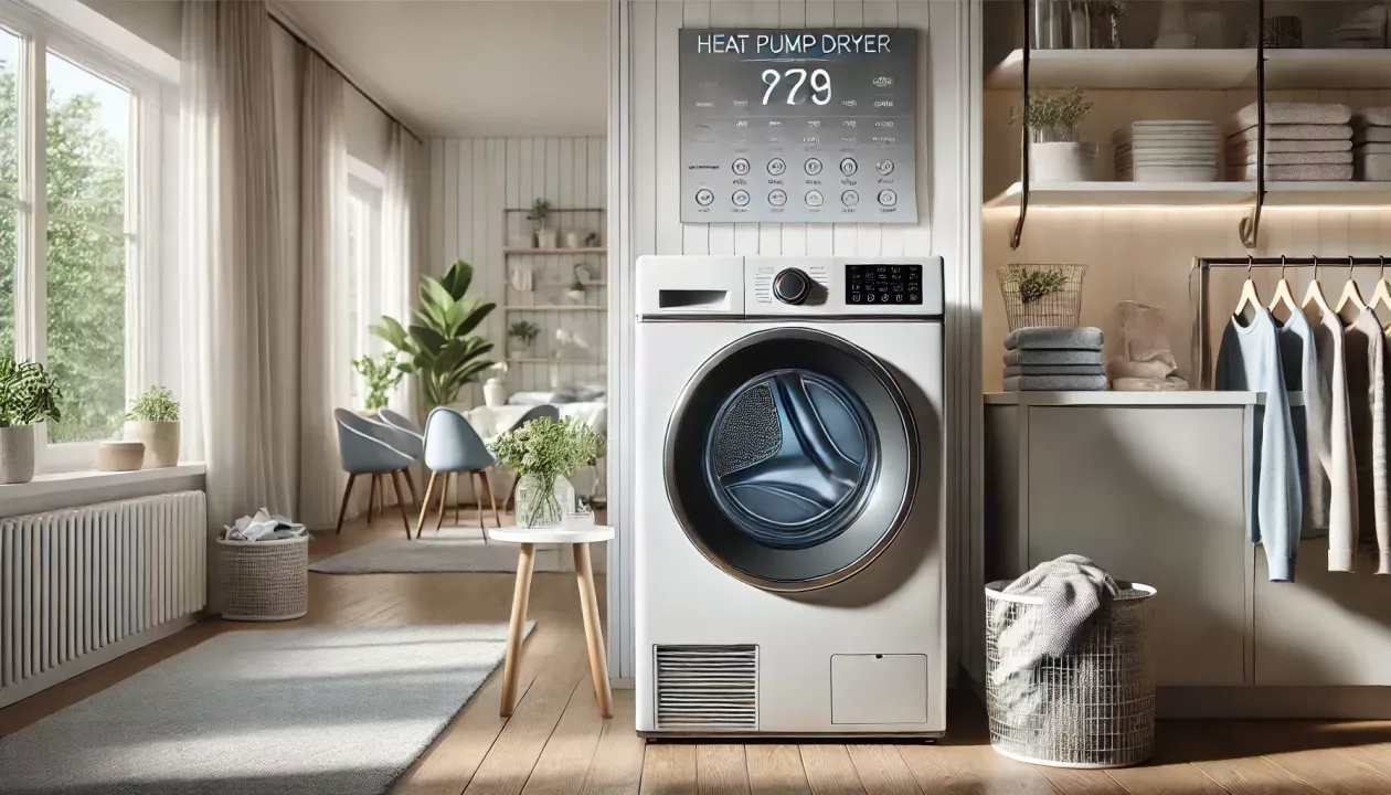 Uma lavanderia moderna e organizada com uma secadora de roupas com bomba de calor, destacada por sua interface digital.