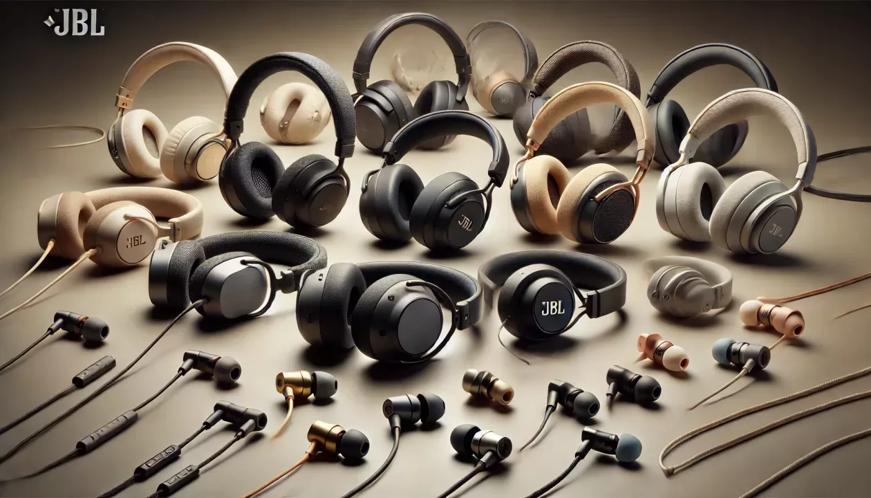 Imagem realista mostrando diferentes tipos de fones de ouvido, incluindo modelos in-ear, on-ear e over-ear, com foco em texturas e materiais de alta qualidade.