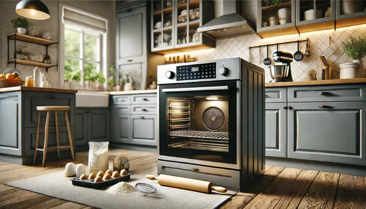 Cozinha moderna com forno elétrico de aço inoxidável em destaque, cercado por bancadas elegantes com ingredientes para assar.