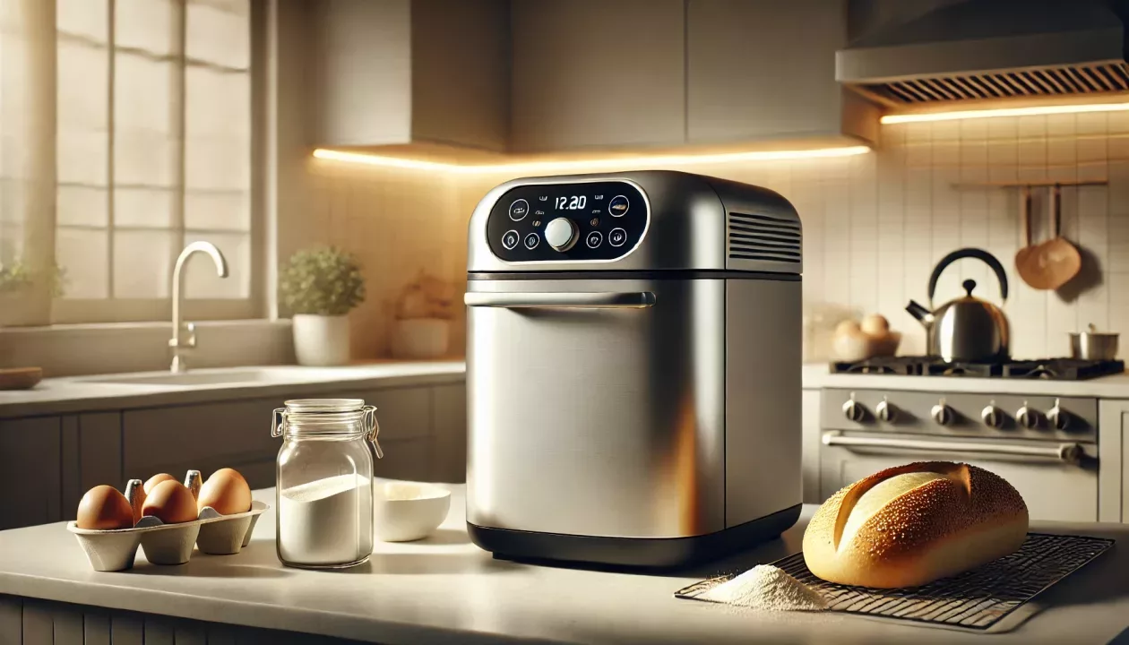 Máquina de fazer pão inoxidável em uma cozinha moderna, com ingredientes ao lado e um pão recém-assado.