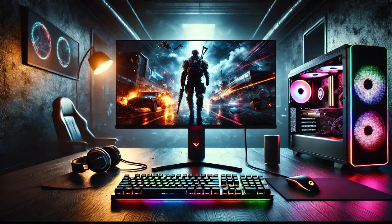 Imagem de um setup gamer com um monitor de alta performance exibindo uma cena de jogo vibrante, com teclado, mouse e fones RGB ao redor.