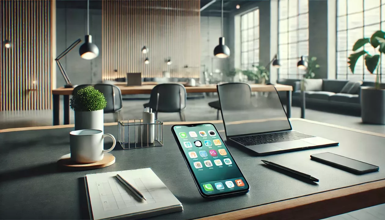 Smartphone em uma mesa moderna com elementos de produtividade como laptop, caderno e xícara de café, em um ambiente de trabalho contemporâneo.