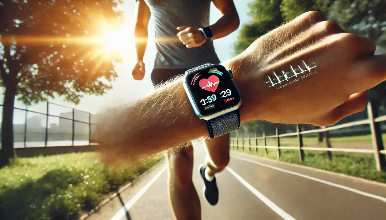 Pessoa correndo em um parque ao ar livre, usando um Apple Watch no pulso, com a tela exibindo métricas de monitoramento de fitness, como batimentos cardíacos e calorias queimadas.