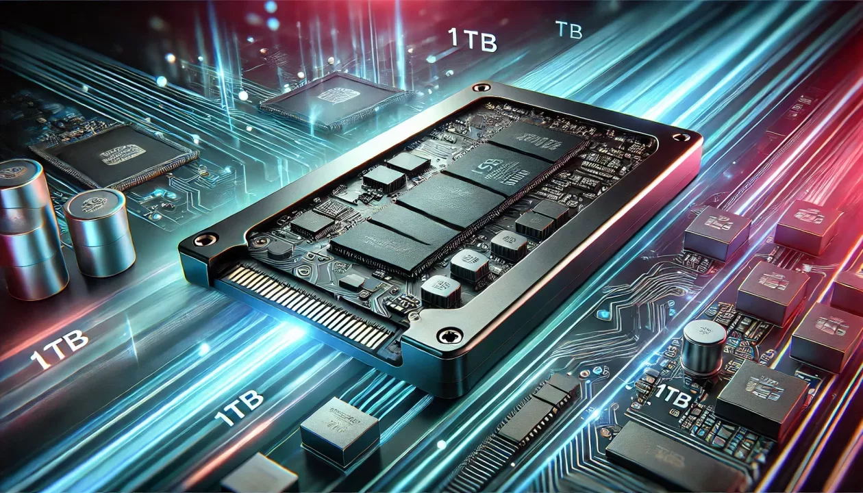 Imagem de um SSD moderno e elegante com capacidade de 1TB, destacado contra um fundo temático tecnológico com linhas e elementos digitais brilhantes.