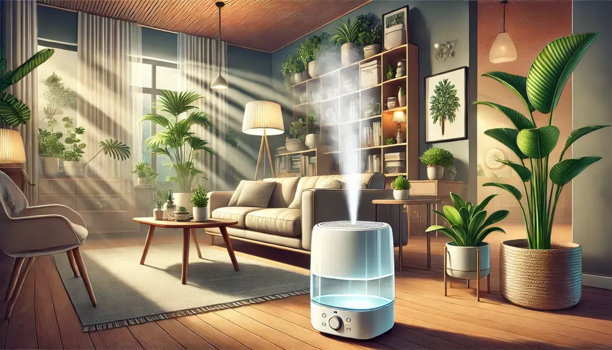 Ilustração de uma sala de estar moderna com um umidificador em ação, liberando uma suave névoa no ar.