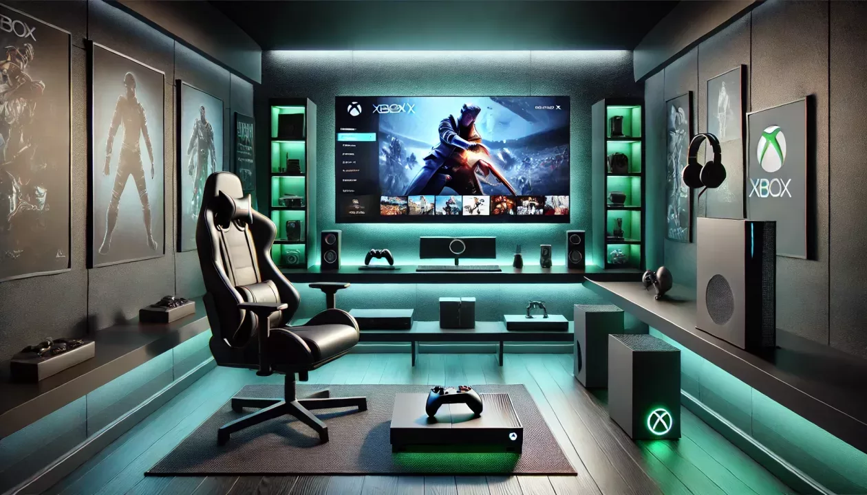 Sala gamer moderna com setup de Xbox Series X, TV 4K, iluminação LED e decoração temática de jogos.