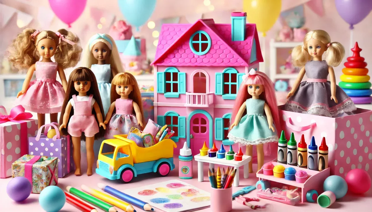 Uma cena vibrante e alegre mostrando uma variedade de brinquedos para meninas de 3 a 5 anos, incluindo bonecas, bonecas interativas, uma casinha de bonecas colorida e materiais de artesanato como giz de cera e tintas. O ambiente é iluminado com cores pastéis e transmite uma atmosfera divertida e criativa.