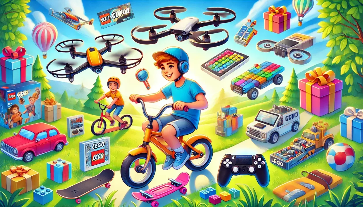 Ilustração colorida mostrando uma variedade de presentes para meninos de 9 a 12 anos, incluindo um drone, skate, controle de videogame, blocos de LEGO e um menino andando de bicicleta ao ar livre.