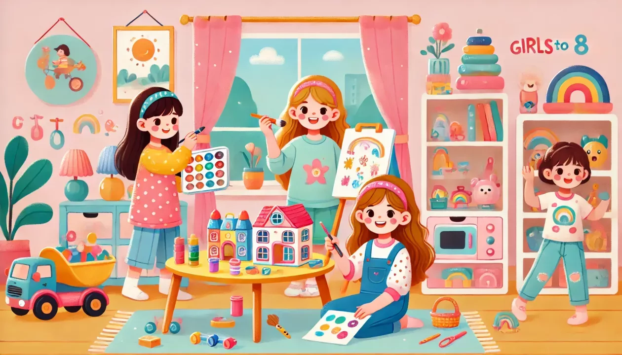 Meninas de 6 a 8 anos brincando com diversos brinquedos educativos e criativos, incluindo um kit de pintura, quebra-cabeça e mini cozinha de brinquedo.