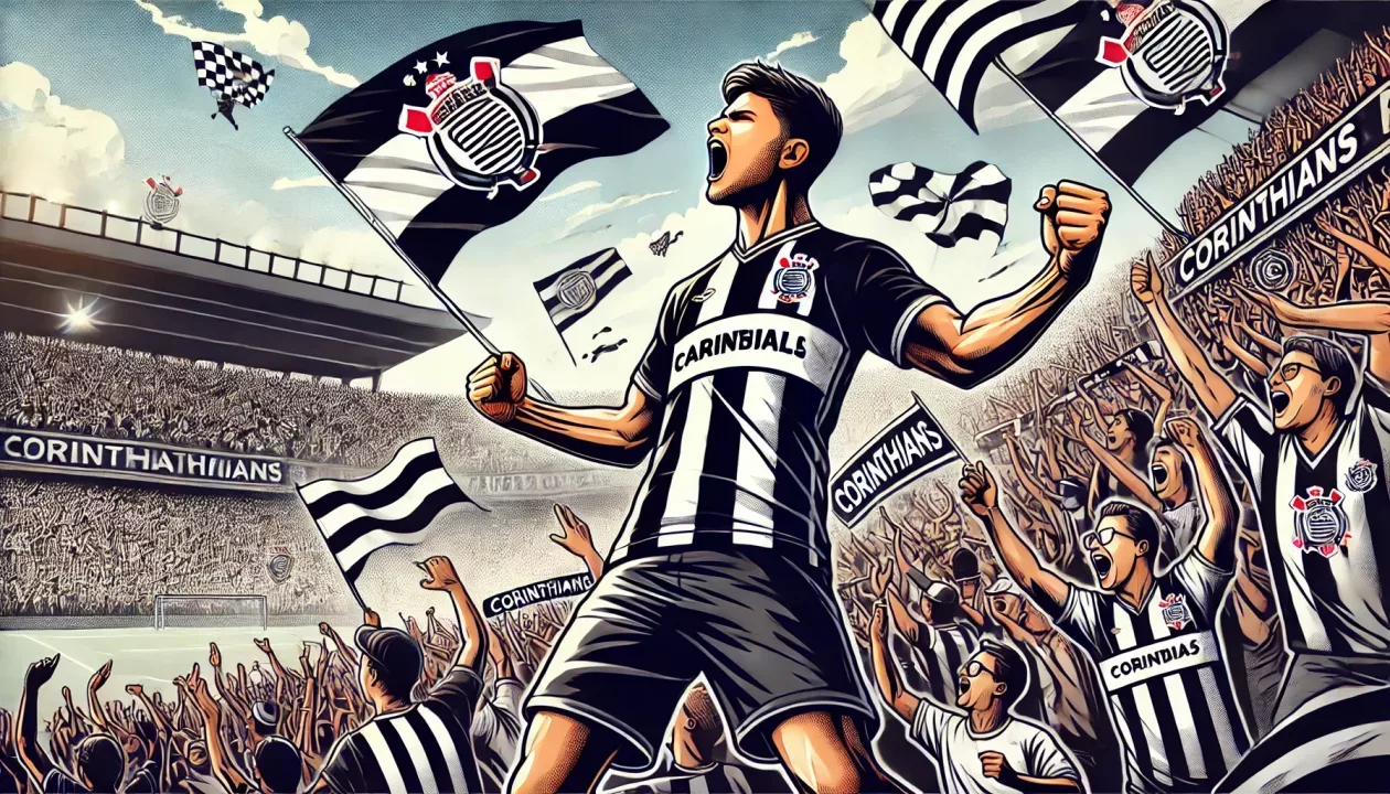 Ilustração de um torcedor do Corinthians pulando com os braços levantados, vestindo uma camisa preta e branca, em meio a uma multidão de fãs em um estádio lotado, com bandeiras e cachecóis nas cores preto e branco.
