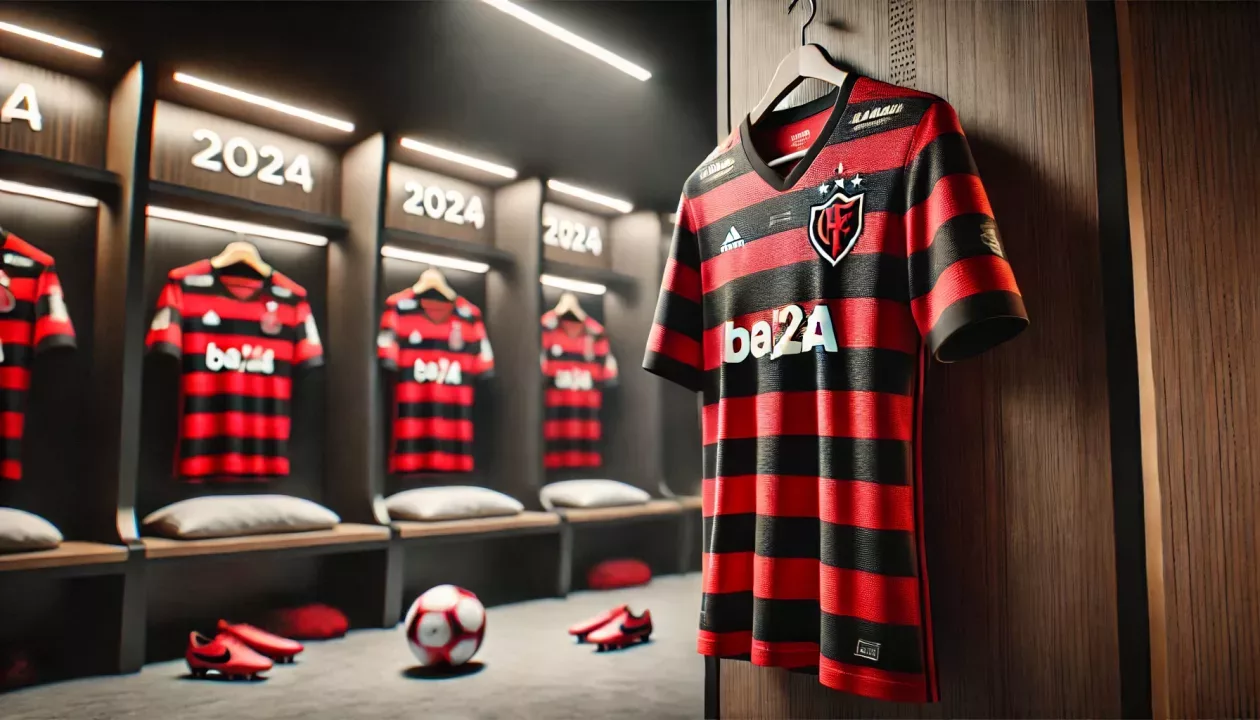 Imagem em close-up da camisa oficial Flamengo pendurada em um armário, destacando as listras vermelhas e pretas e o escudo do Flamengo no peito, com um ambiente de vestiário moderno ao fundo.
