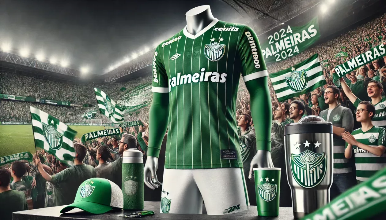 Manequim vestindo a camisa oficial do Palmeiras em um estádio, cercado por outros fãs agitando bandeiras verdes e brancas. A imagem inclui acessórios como boné e copo térmico do Palmeiras.