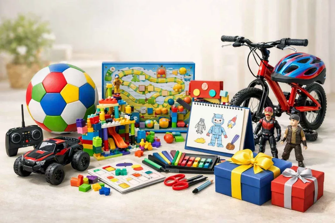 ideias de presentes para meninos de 6 a 8 anos agrupados: bola, carrinho de controle remoto, blocos de montar, kit de desenho, jogo educativo e bicicleta