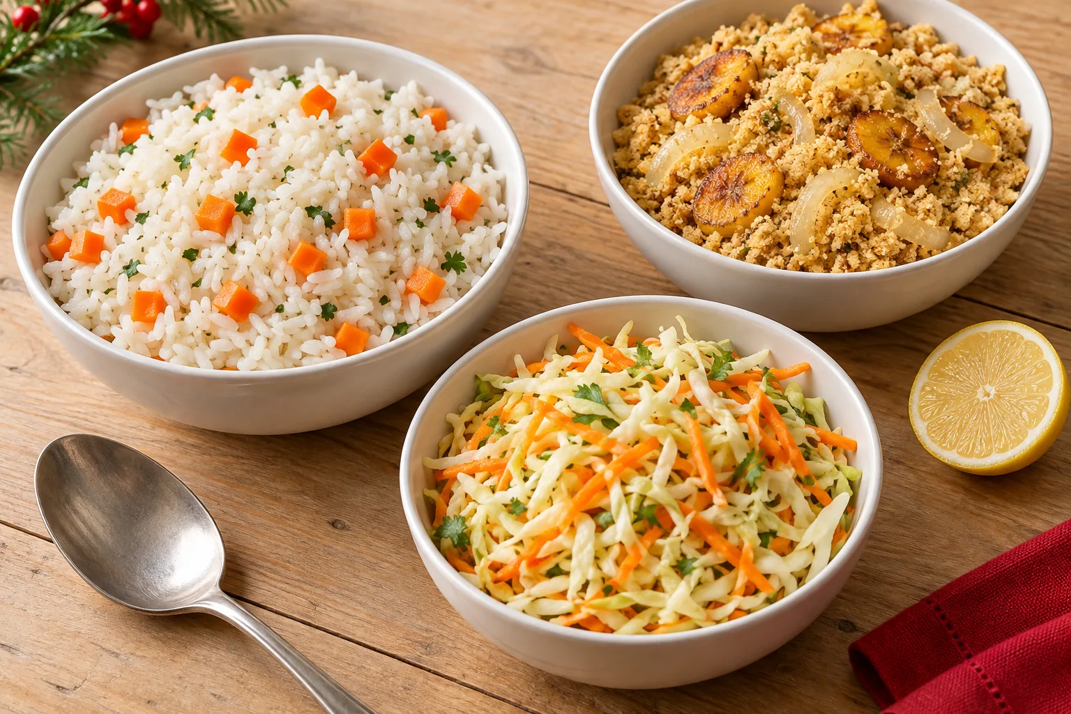 Tigelas com arroz e cenoura, farofa de banana e salada de repolho com cenoura