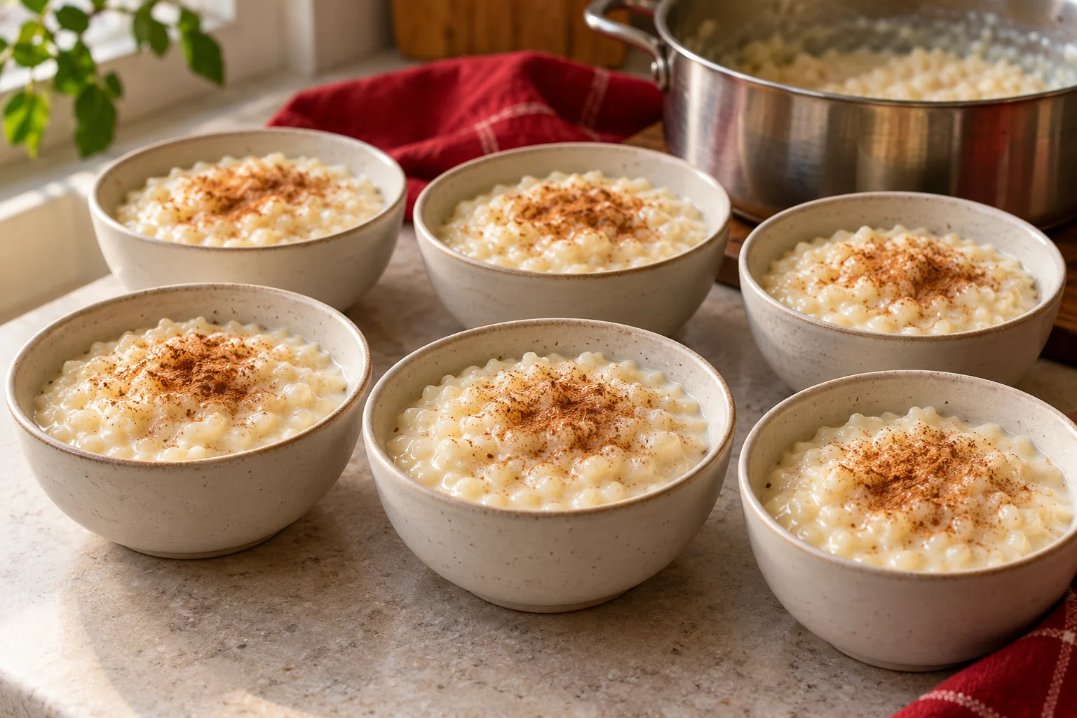 Seis tigelas pequenas de arroz-doce com canela sobre uma bancada