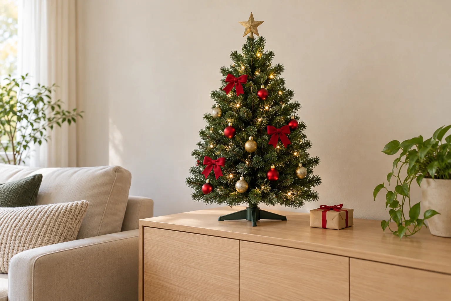 Árvore de Natal pequena com estrela, bolas e laços sobre um aparador de madeira ao lado do sofá