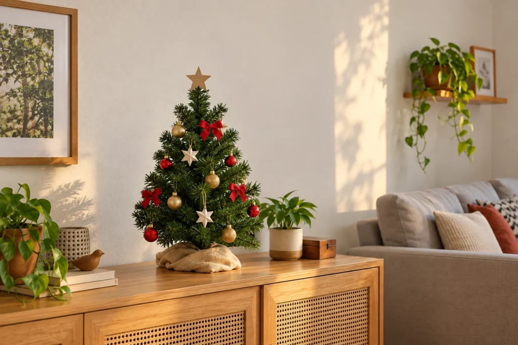 Árvore de Natal pequena sobre aparador, com laços vermelhos, bolas douradas e estrelas de papel