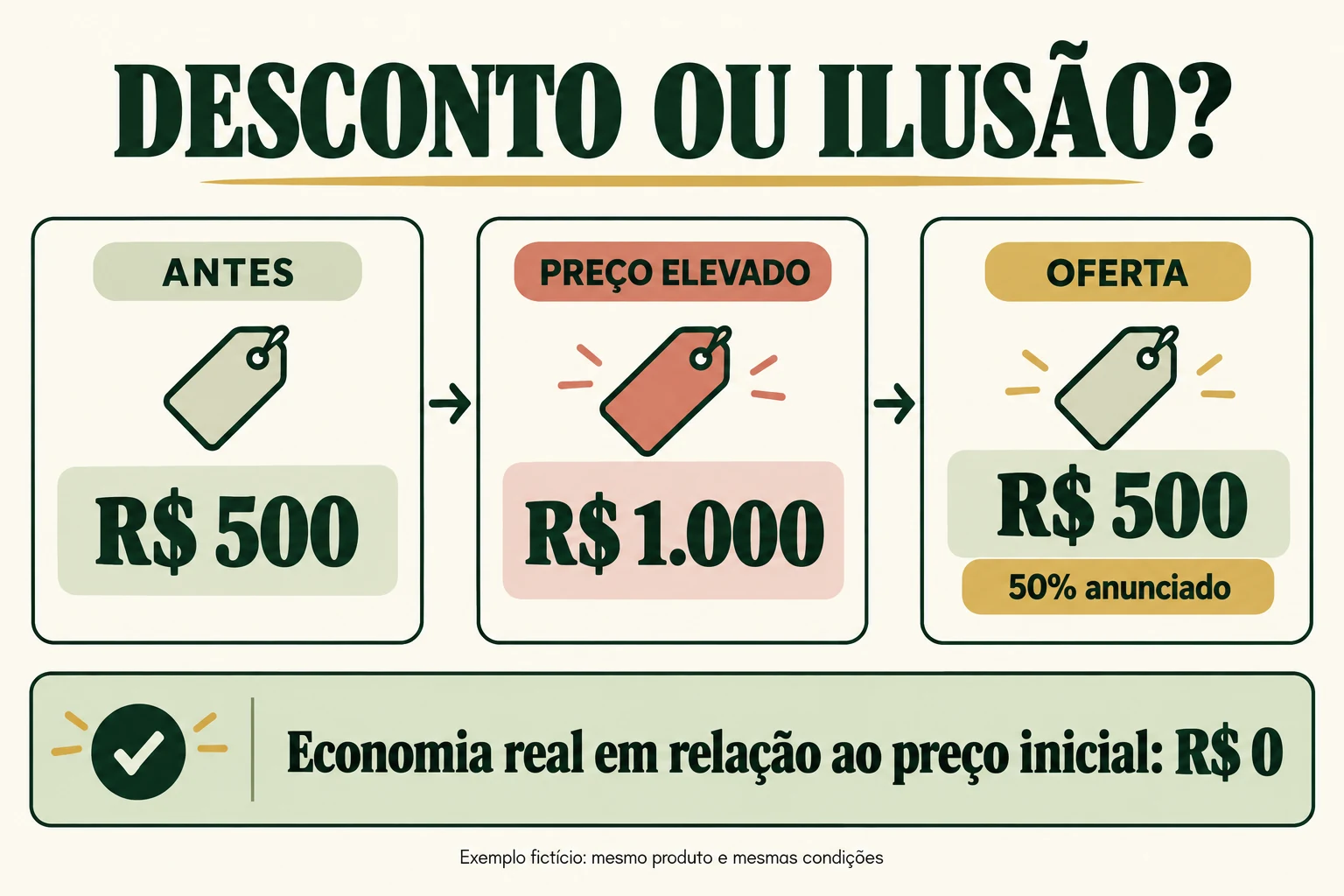 Exemplo fictício: produto de R$ 500 sobe para R$ 1.000 e volta a R$ 500 com 50% anunciado, sem economia sobre o valor inicial