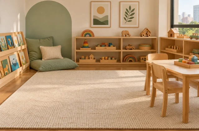 Brinquedoteca montessoriana com estantes baixas, livros, mesa infantil e cantinho de leitura verde-sálvia