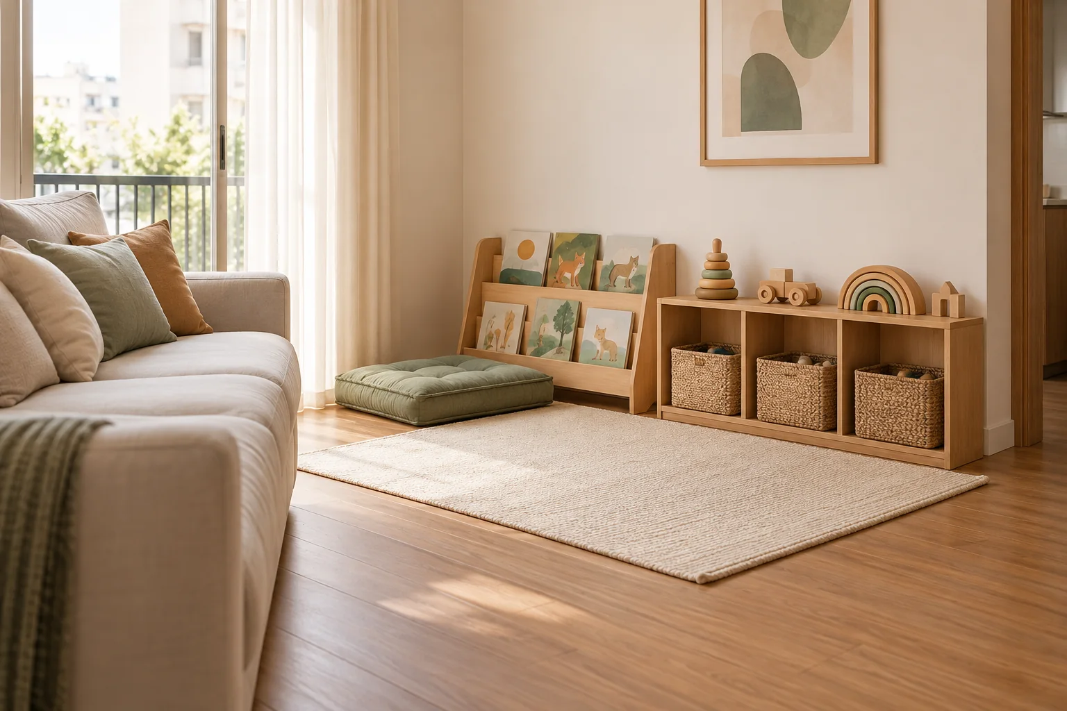 Canto de brincar na sala de estar com estante baixa, livros, tapete e almofada verde ao lado do sofá