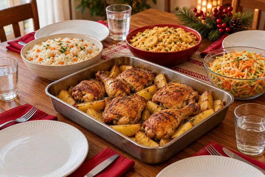 Mesa de Natal simples com frango assado e batatas, arroz com cenoura, farofa e salada de repolho
