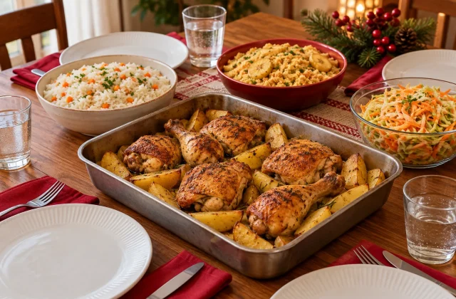 Mesa de Natal simples com frango assado e batatas, arroz com cenoura, farofa e salada de repolho