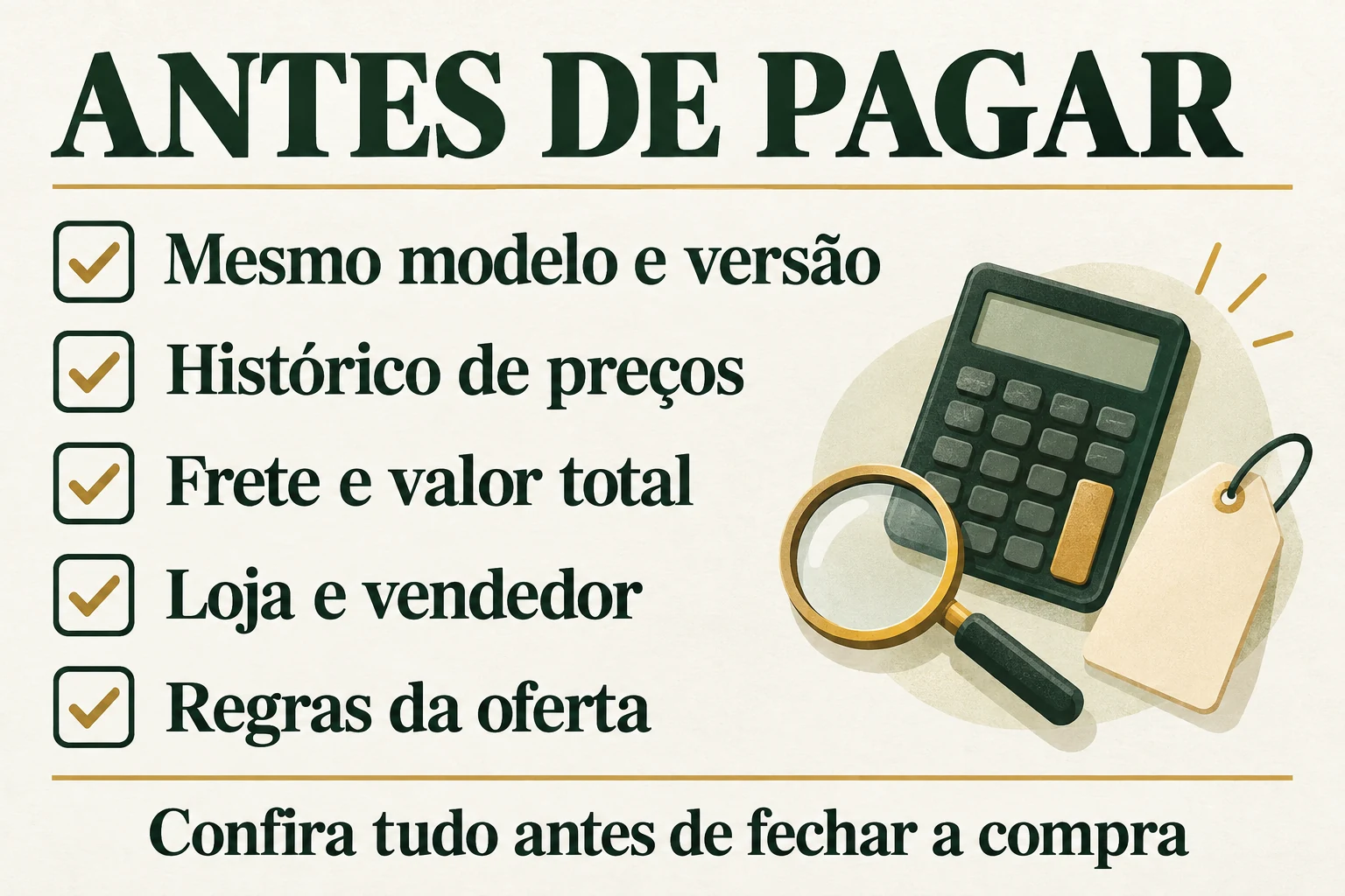 Checklist antes de pagar: mesmo modelo e versão, histórico de preços, frete e valor total, loja e vendedor, regras da oferta