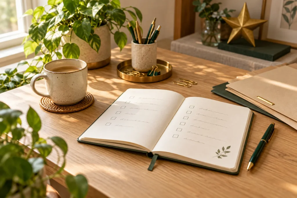 Caderno com lista de tarefas, caneta e pastas sobre uma mesa iluminada