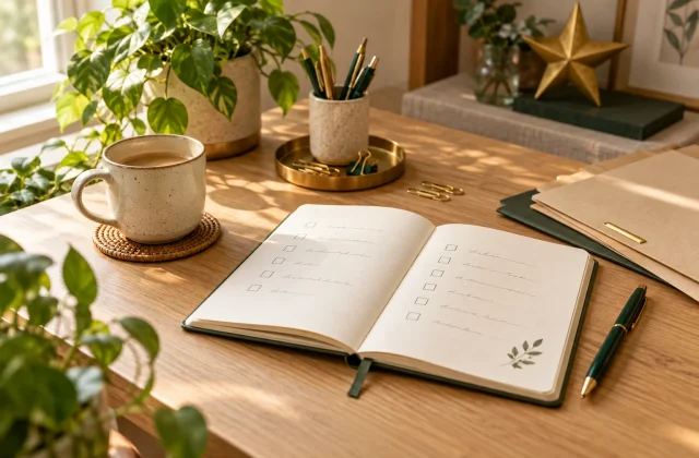 Caderno com lista de tarefas, caneta e pastas sobre uma mesa iluminada