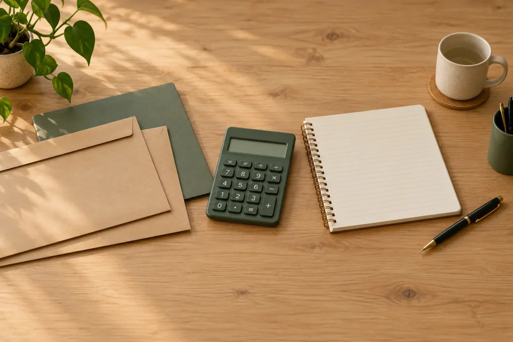 Calculadora, caderno aberto, caneta e envelopes sobre uma mesa para organizar as contas do décimo terceiro