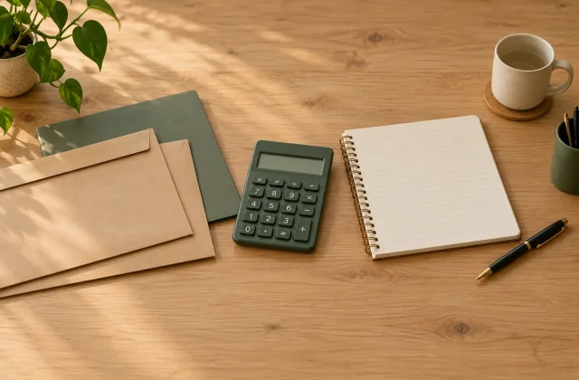 Calculadora, caderno aberto, caneta e envelopes sobre uma mesa para organizar as contas do décimo terceiro