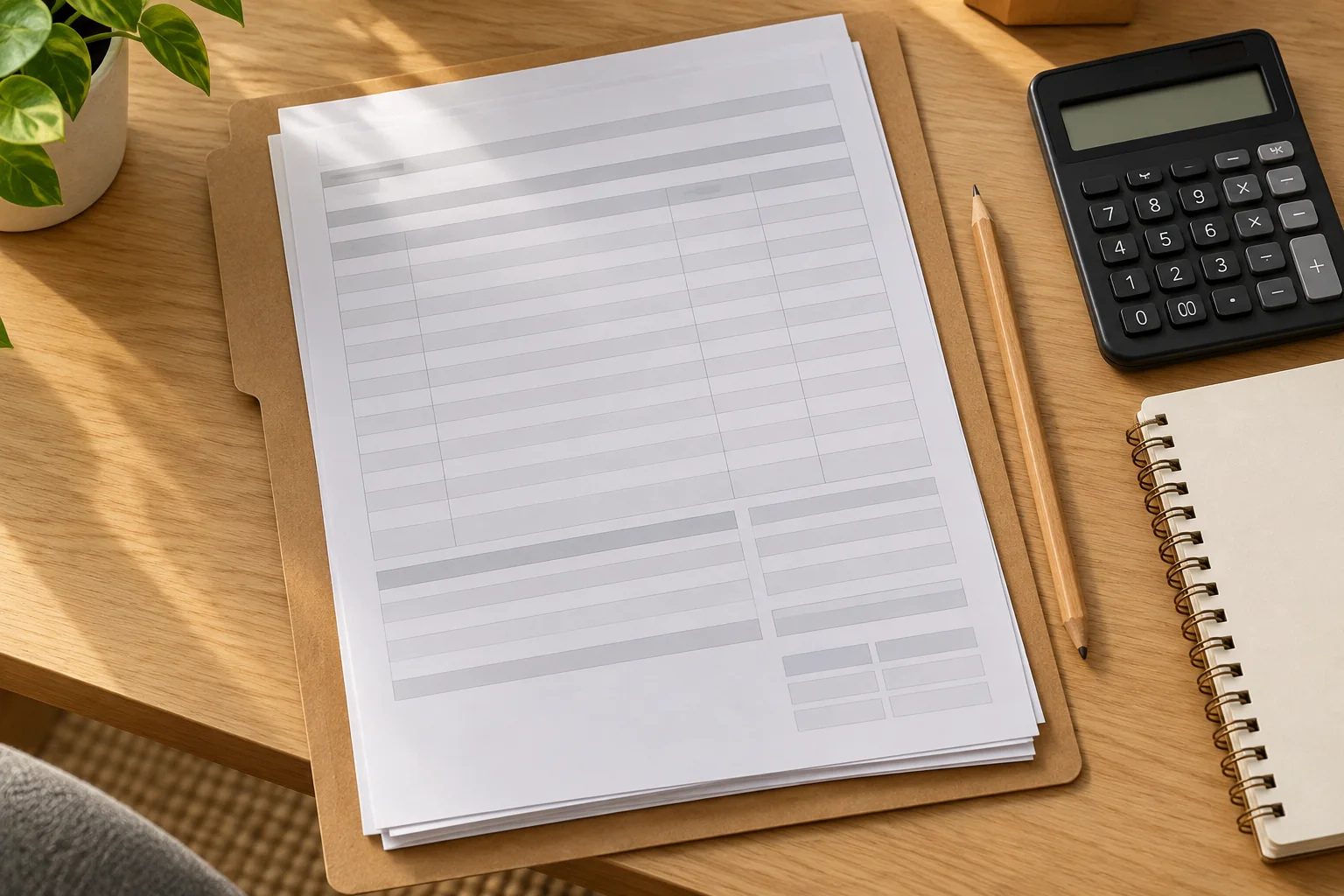 Pasta com documentos sem dados preenchidos, calculadora e caderno sobre uma mesa de madeira