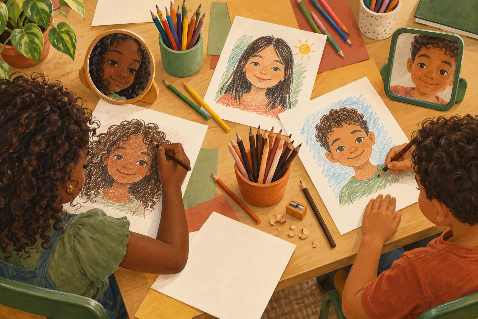 Crianças desenham autorretratos em uma mesa com lápis de diferentes cores e desenhos